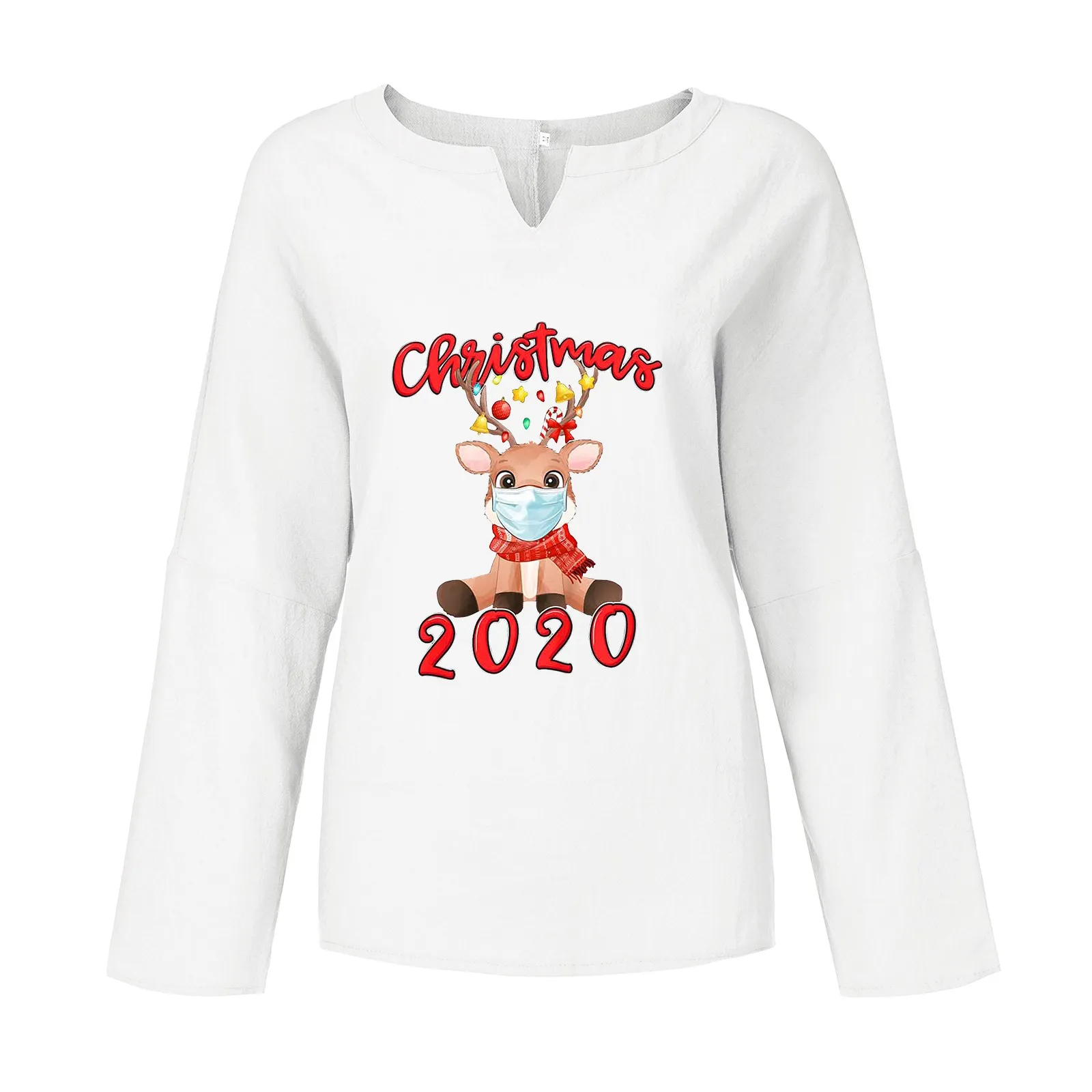 

Christmas Elk Print Shirts Women Fashion Loose Long Sleeve V-Neck Casual shirt Blouse Tops Winter Loose shirts blusas mujer