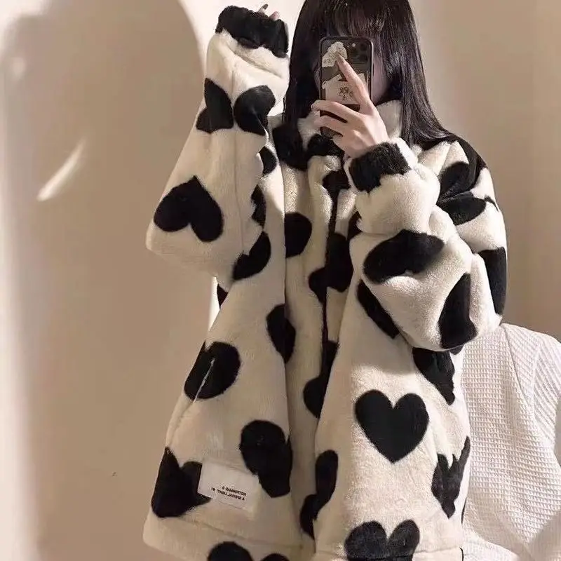 

Vintage Flannel Keep Warm Cotton Clothes Korean Winter New Fashion Coat Harajuku Heart Print Loose Full Sleeve Lambwool Jacket