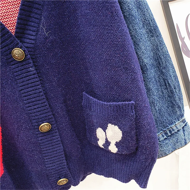 

Denim Spliced Long sleeve Cardigan Knitting Sweater women Fashion Single Breasted Loose Sweter Female 2019 Autumn Cardigan Coat