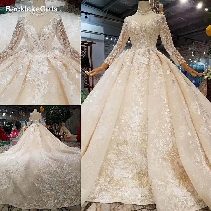 Мусульманские свадебные платья со шлейфом иллюзия длинные рукава кристалл