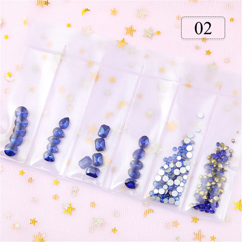 6 Grid/Pack Diamond Shape Multi-color Rhinestones Nail Art Decorations Mix Sizes 3D Crystal Gems DIY Manicure Accessories