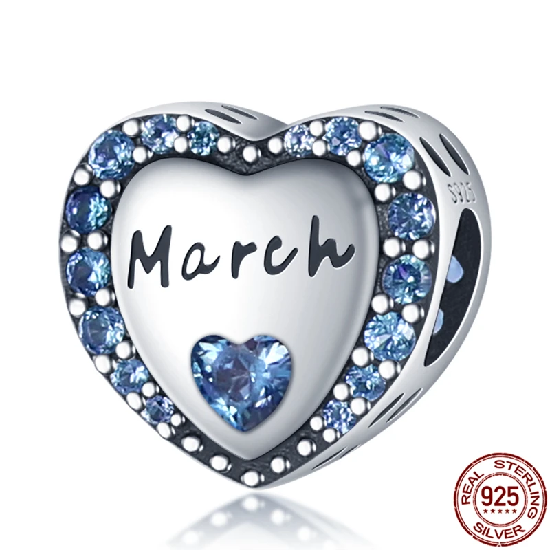 

100% Real 925Sterling Silver Blue And White March Heart-Shaped Beads Fit Original 3mm Bracelet&Bangle Women Fashion Jewelry Gift