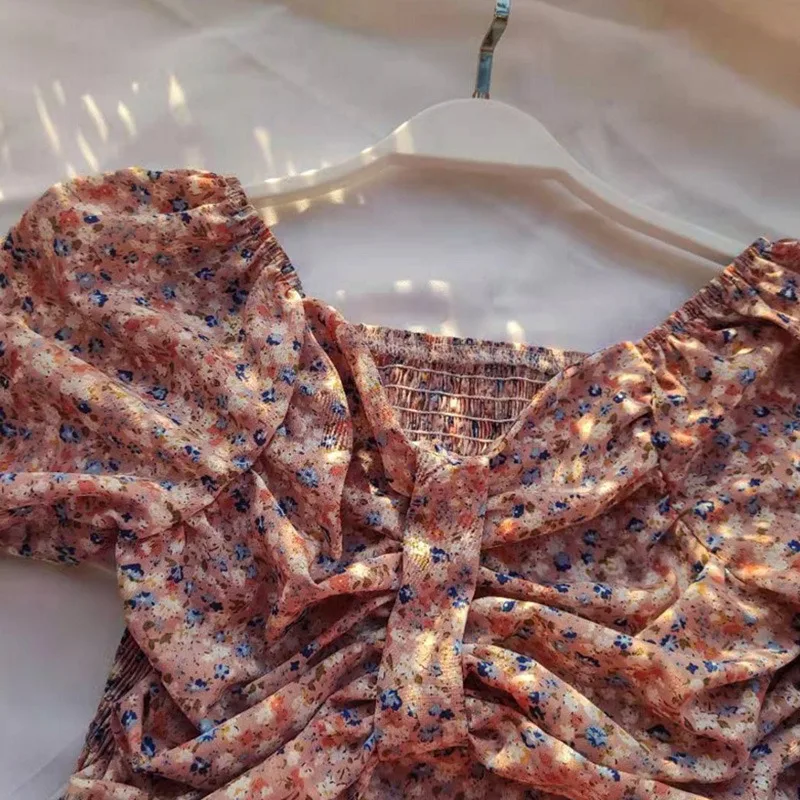 

Jlong Summer Floral Chiffon Blouse Female Puff Sleeve Sweet Shirt Slim Short Blouse Cropped Top