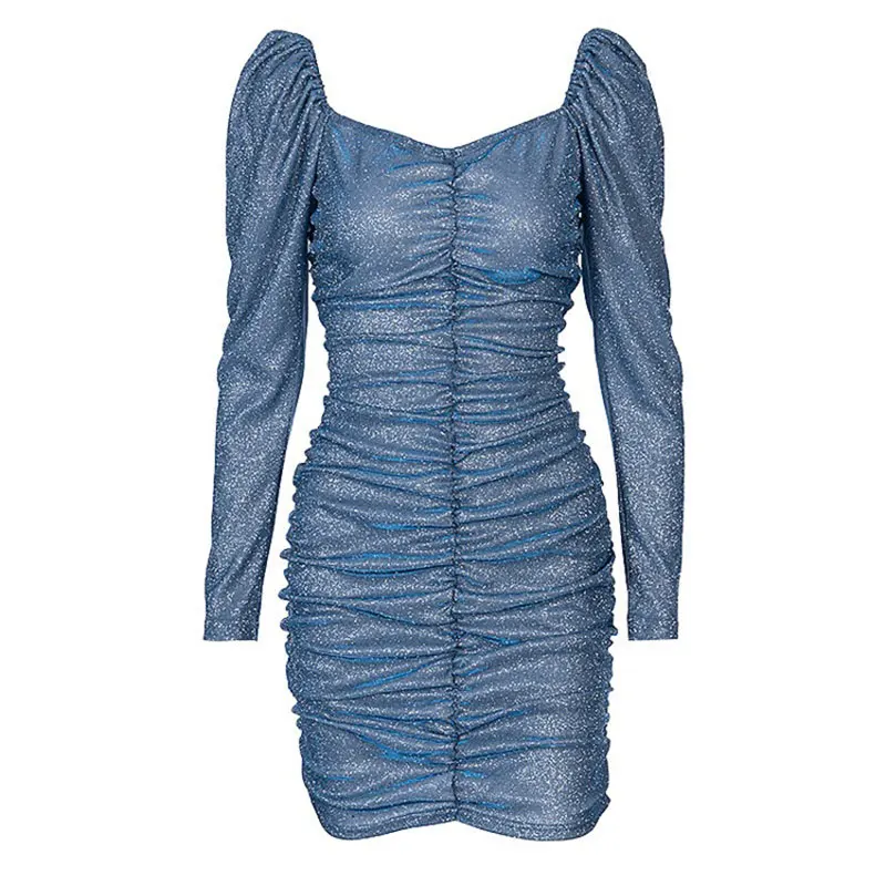 

Spring Night Sexy Dress Women Strapless Ruched Bandage Dress Shiny Party Off Shoulder Blue Mini Long sleeve Dresses