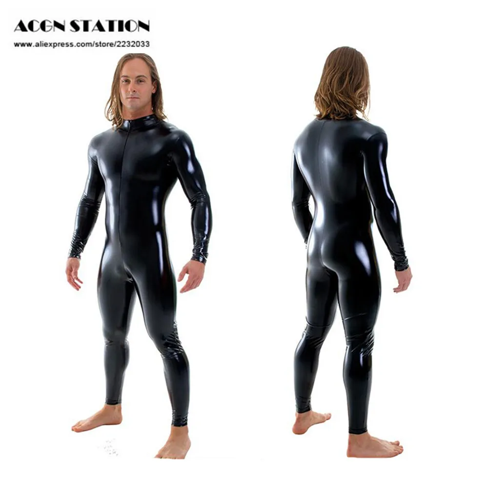 Metallic Lycra Turtleneck Long Sleeve Unitard Black Adult One Piece Wet Look zipper front Mock Neck Shiny Dance Catsuit | Тематическая