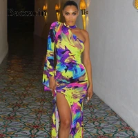 print ruched women mermaid midi dress one shoulder hollow out slit bodycon bandage sexy 2020 spring party elegant dinner