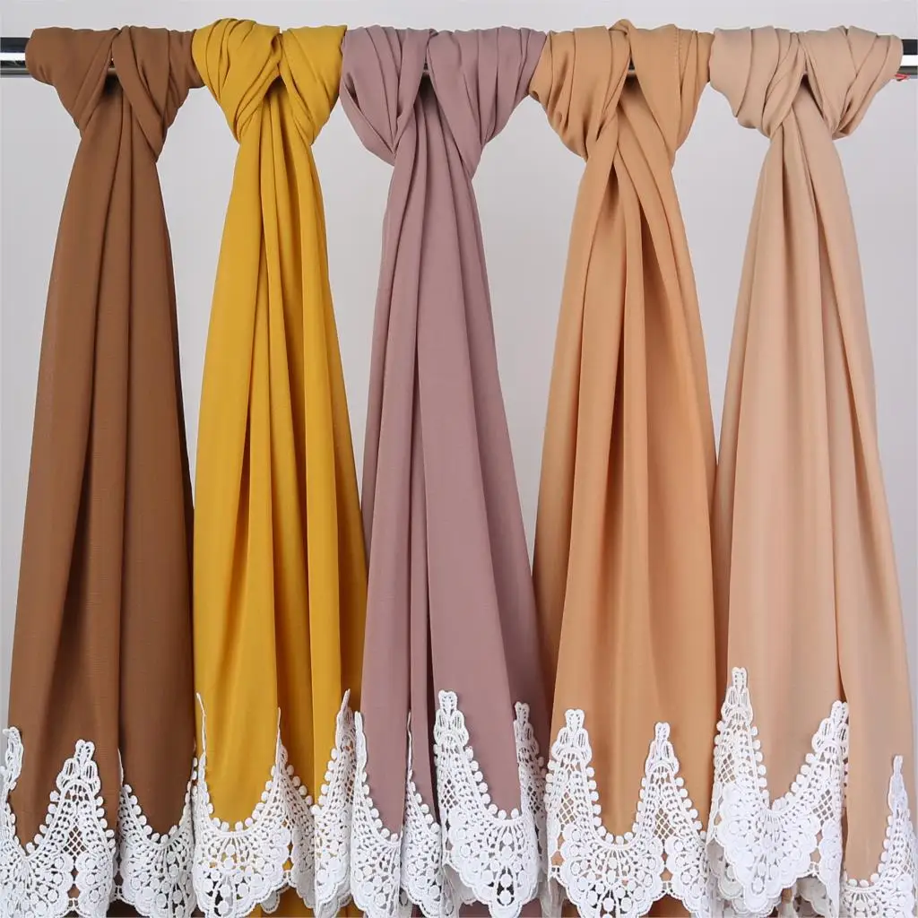 

High Quality 175*75cm Bubble Pearl Chiffon Scarf Hijab Woman Embroidered Lace Ladies Muslim Plaid Shawl Fashion Headband