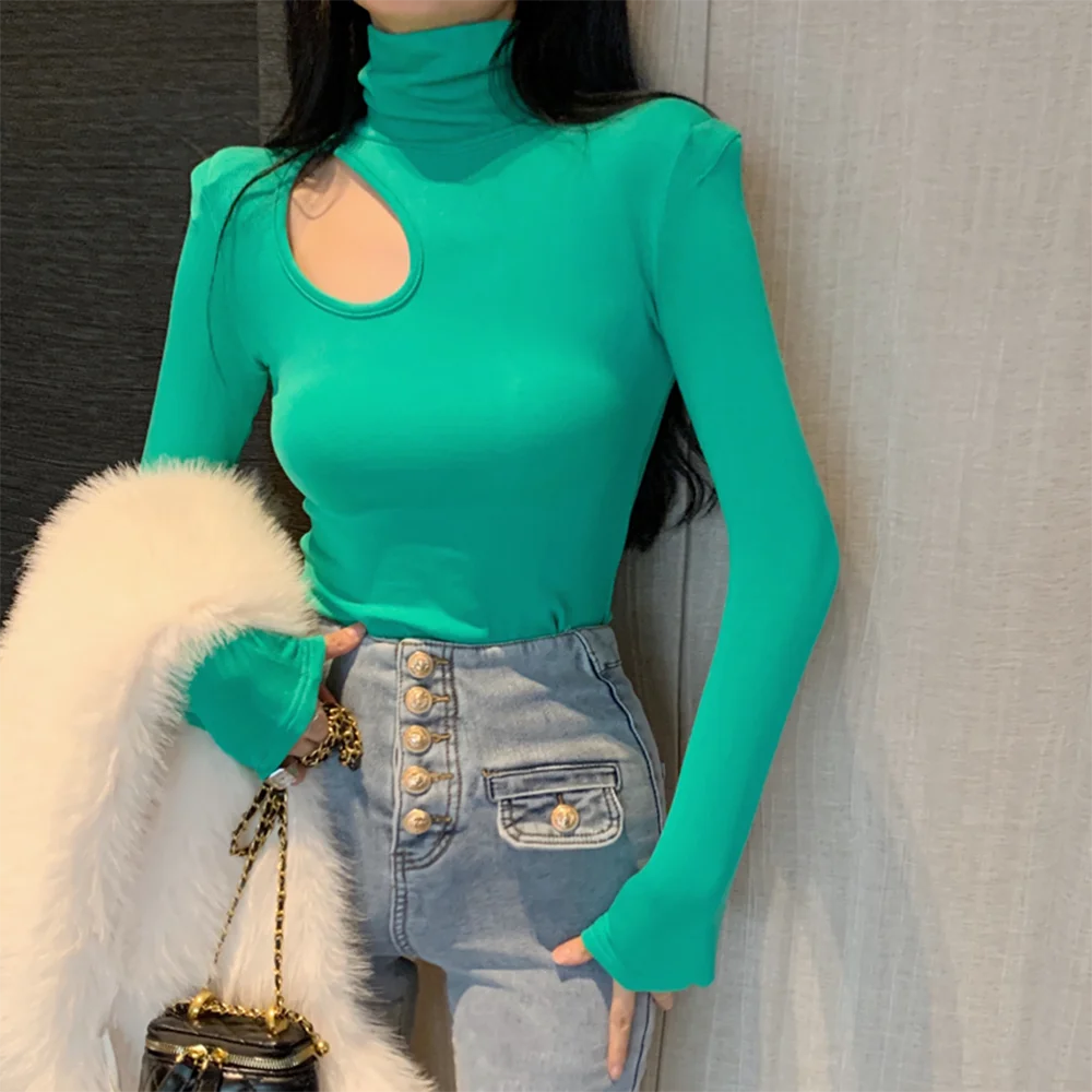 

Women Spring Autumn Style T-Shirts Tops Lady Casual Long Sleeve Turtleneck Black White Green Slim Knitted Shirt Tops Tees