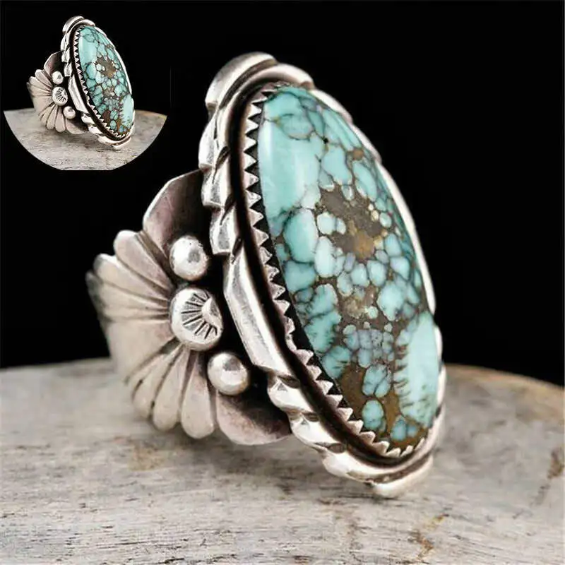 

Bohemia Vintage Oval Blue Stone Finger Ring Fashion Female Male Unisex Wedding Party Ring Sz6-10 Jewelry