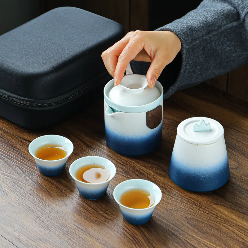 

Travel Kung Fu Tea Set One Pot Fills Three Cups Tea Canister Outdoor Carry Quick Cup Tea Cup Ceramic