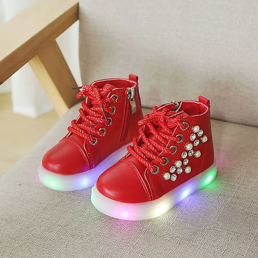 Child Casual Shoes Baby Girls Pearl Crystal Led Light Luminous Run Sport Boots Spring Autumn Winter Fashion Princess C840# | Детская
