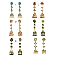 vintage ethnic long pink flower jhumka earrings gypsy indian earrings women ladies round bell earrings jewelry accessory