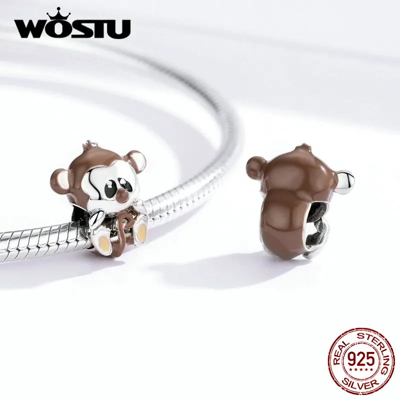 WOSTU настоящий 925 пробы Серебряный озорной обезьяны животных Бусины коричневый талисманы подходят браслет ожерелье для женщин ювелирные изделия FNC125