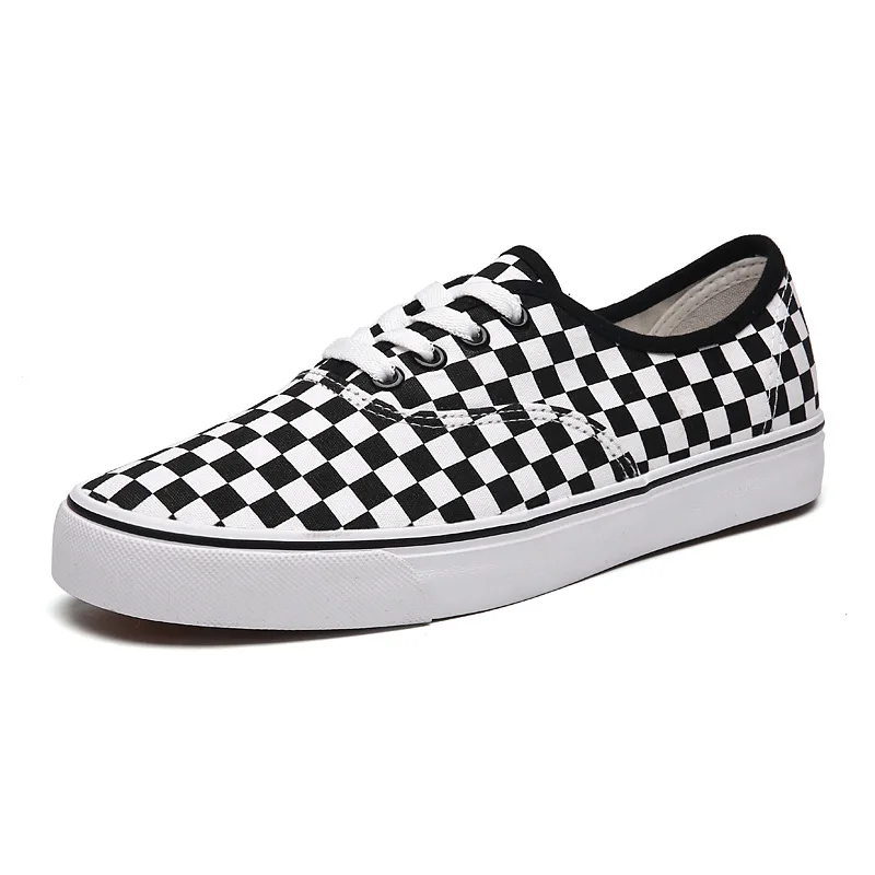 

New Men Black and White Plaid Canvas Shoes Men All-match Simplicity Low Top Shoes Men Lace-Up Casual Breathable Men Shoes