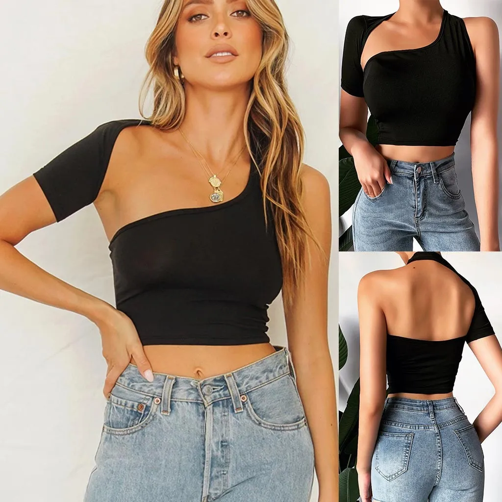 Короткая футболка с коротким рукавом женская сексуальная Однотонная