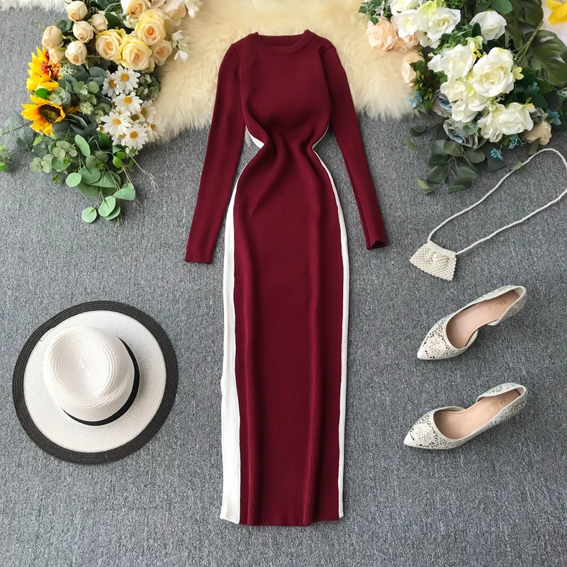 Женское трикотажное платье ALPHALMODA винтажное миди-платье с длинными рукавами в