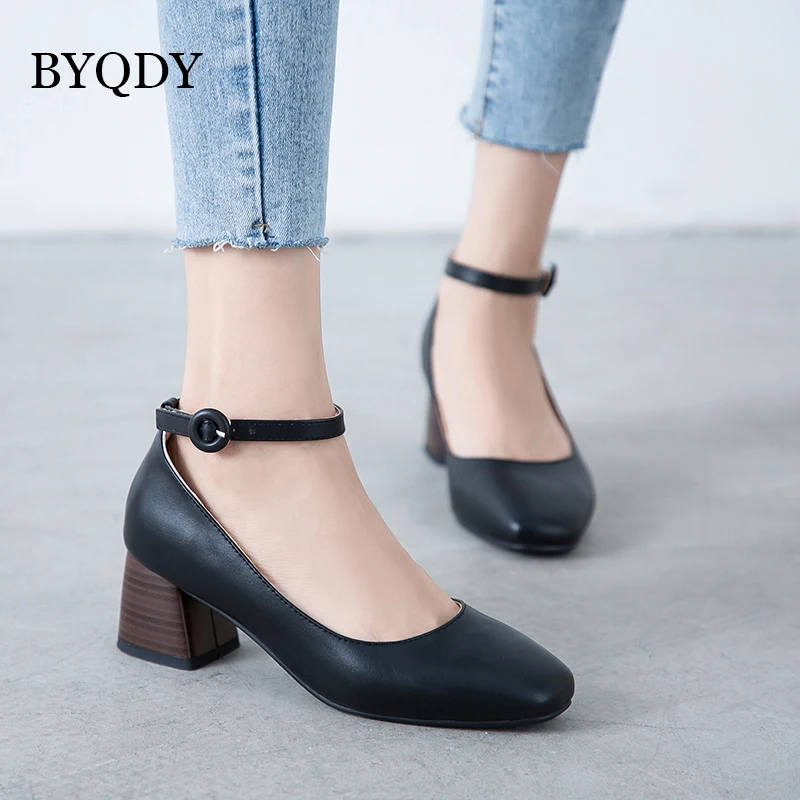 

BYQDY Spring Summer Women Shoes Comfort Square Toe Pumps Mid Heels Ankle Strap Chunky Heels Shoes Black Casual Ladies Shoes 43
