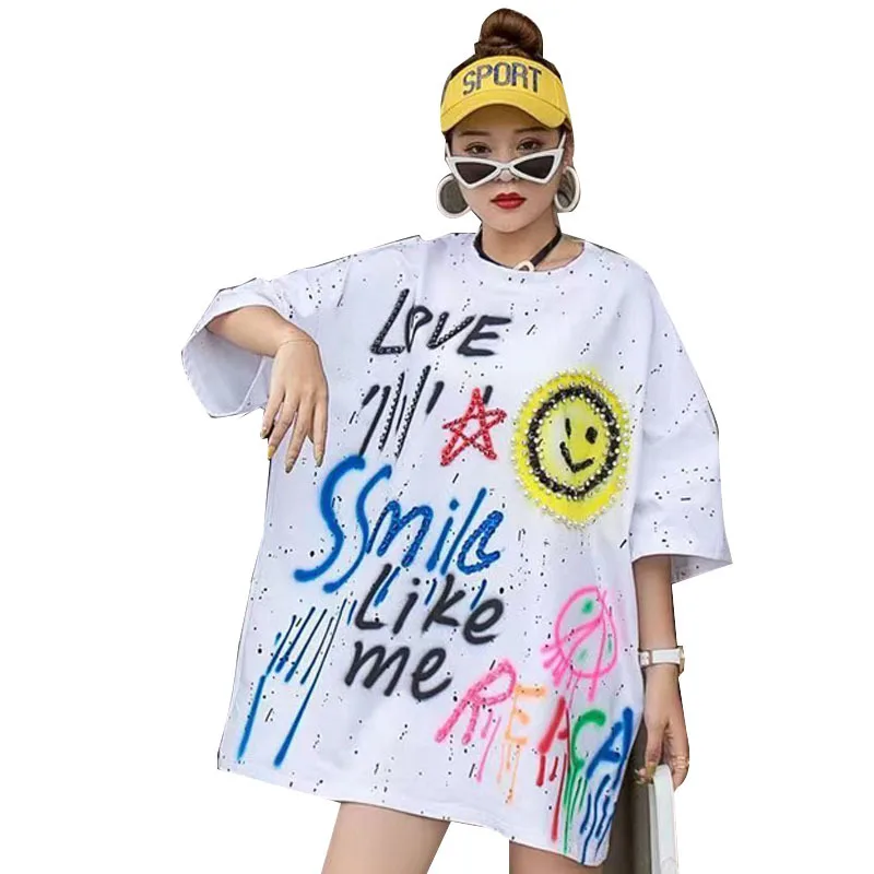 

Женская футболка с надписью QING MO, летняя, повседневная, с разноцветными бусинами, ZQY7264, 2021