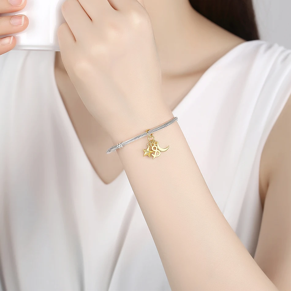 Luxury 925 Sterling Silver Sparkling Beads Sky Moon &amp Star Gold Color Charm fit Charms Bracelet DIY Gift | Украшения и