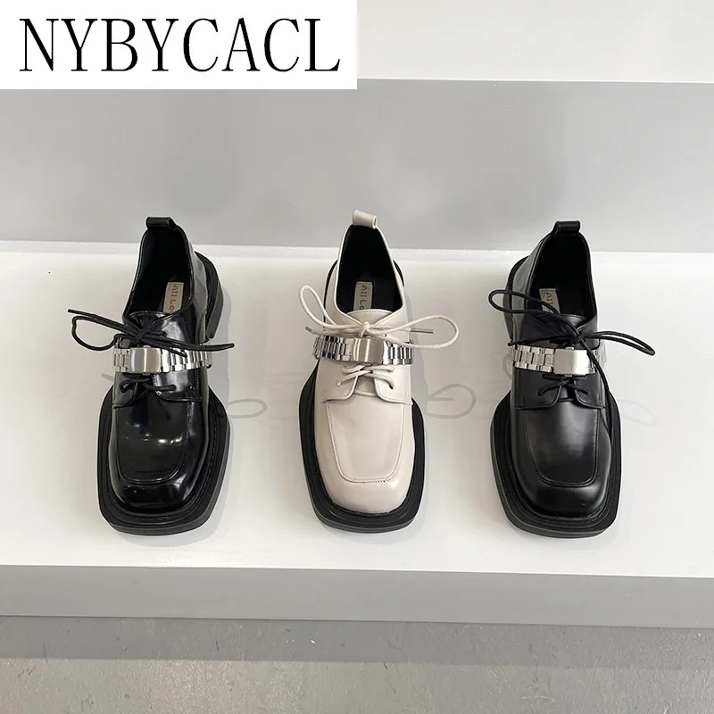 

2022 NEW Metal Buckle British Style Chunky Platform Oxfords Shoes for Women 2022 Big Square Toe High Heels Women Pumps Shoes