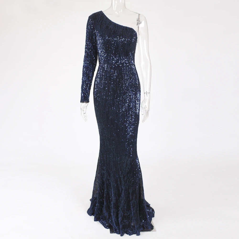 Navy Blue На одно плечо, эластичное, серебряное, с блестками, вечернее платье, полная подкладка, бодикон, длина до пола, открытая спина, Русалка, обтягивающее летнее платье - Цвет: Navy Blue