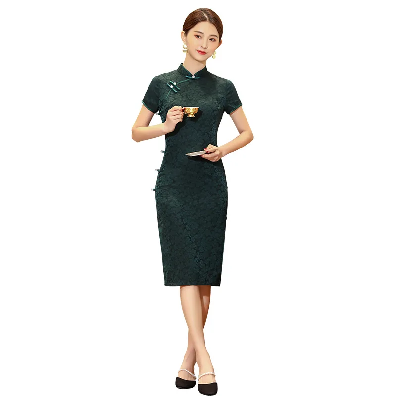 

Female Vintage Print Medium Length Cheongsam Elegant Mandarin Collar Chinese Traditional Dress Sexy Slim Novelty Qipao