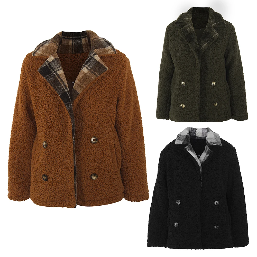 Женское зимнее клетчатое пальто с воротником-костюмом и карманами | Женская