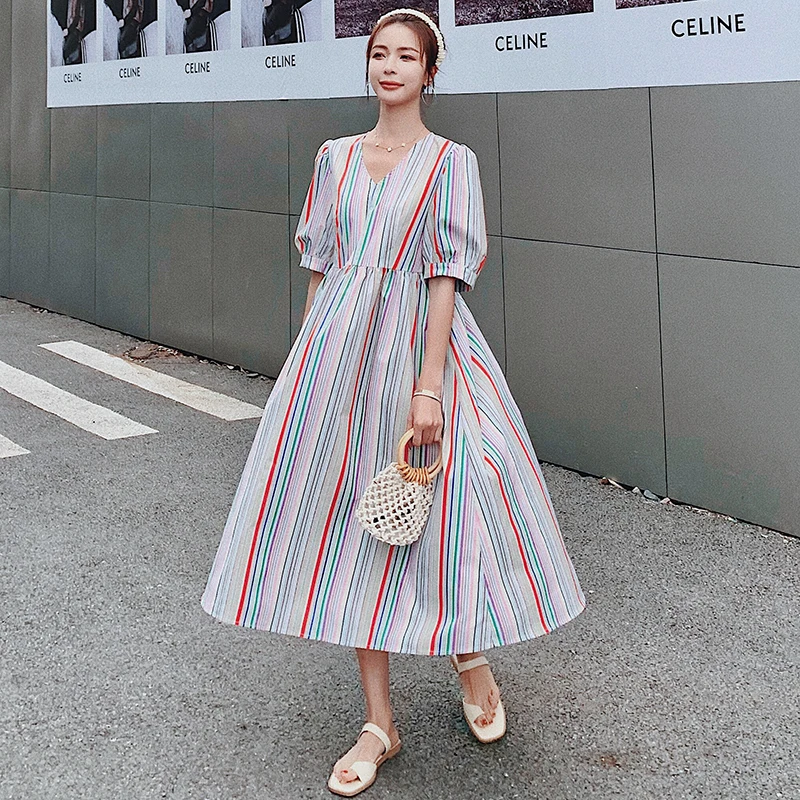 Women's Summer Dress Rainbow Striped V-neck Color Matching Loose Korean Casual High-waist Bubble Sleeve Quality A-line Skirt IU1