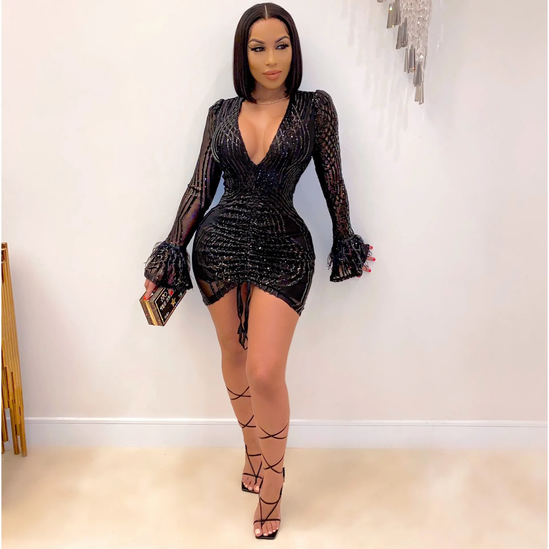 

FAKUNTN Sequin V-neck Echoine Luxurious Black Mini Dress Women Sexy Bodycon Sheer Mesh Patchwork Flare Sleeve Party Night Club