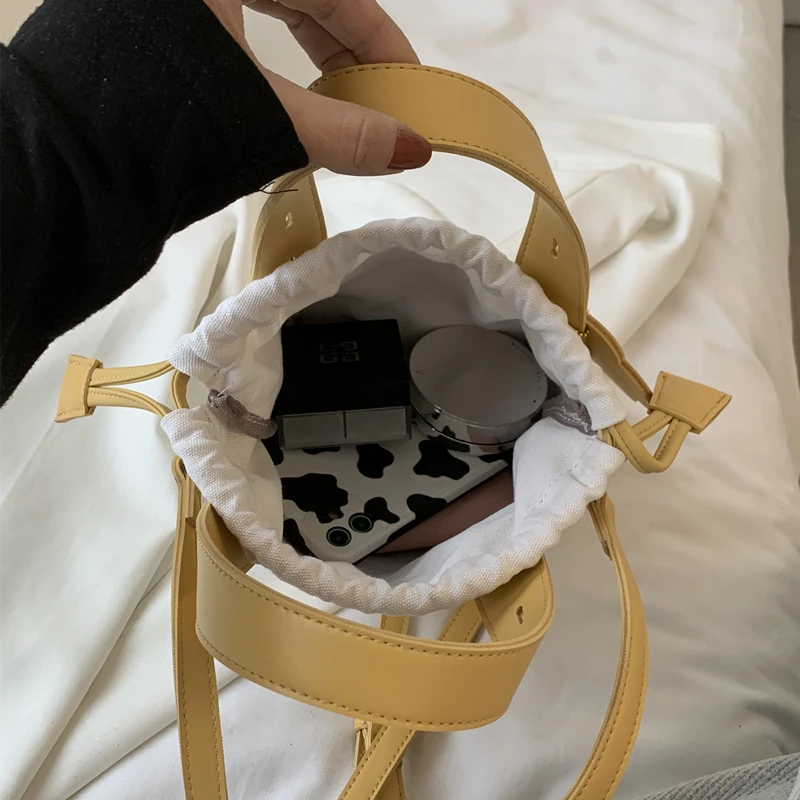 

Fancy Drawstring Basket Flower Top Handle Bags For Women Design Brand High Quality Soft PU Leather Shoulder Crossbody Bags 2021