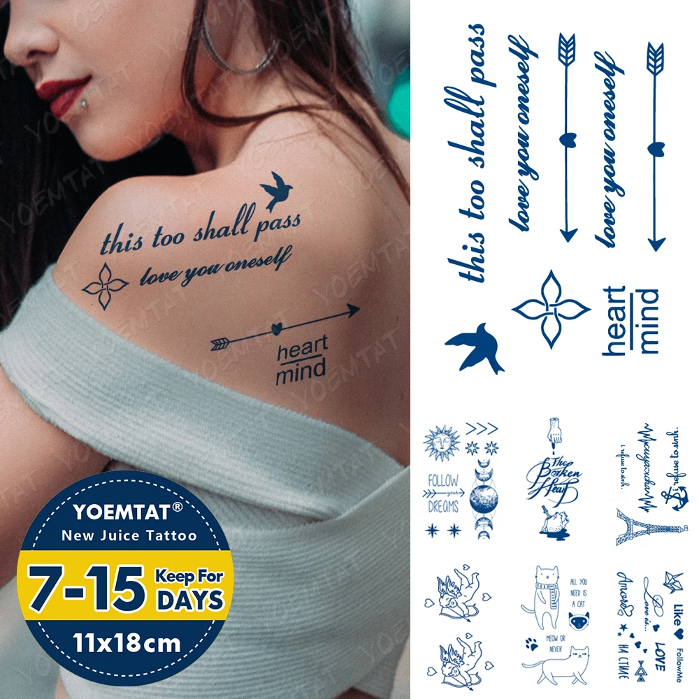 

Juice Ink Tattoos Body Art Lasting Waterproof Temporary Tattoo Sticker English Text Tatoo Arm Fake Swallow Cupid Tatto Women Men