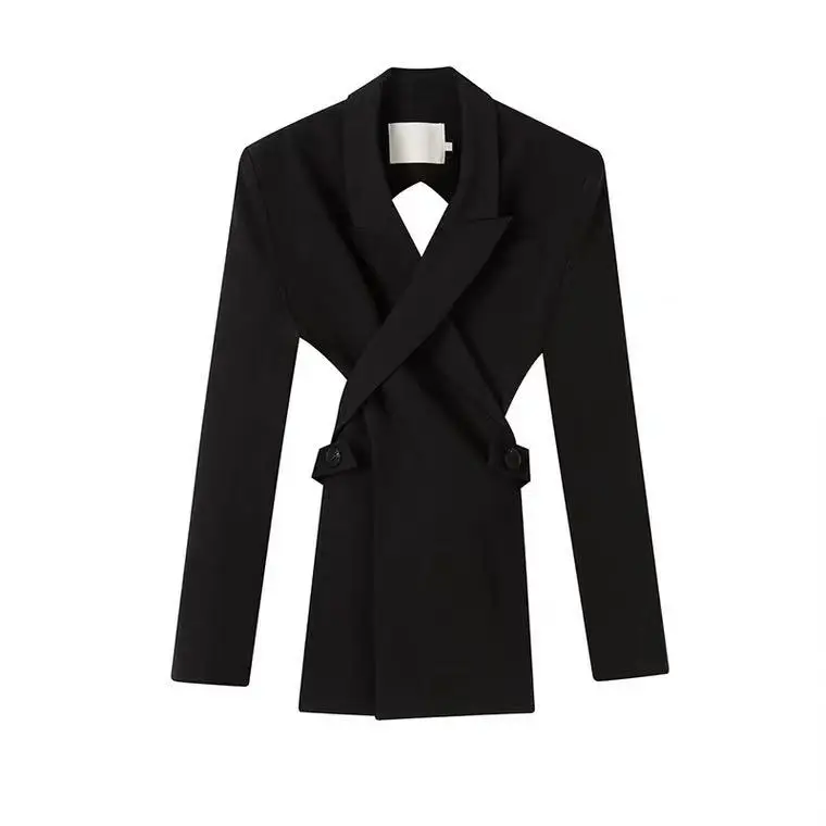 

Brand Design Stylish Hollow Out Back Jacket For Women Mysterious Black Belted Blazer Office Lady Suit Top