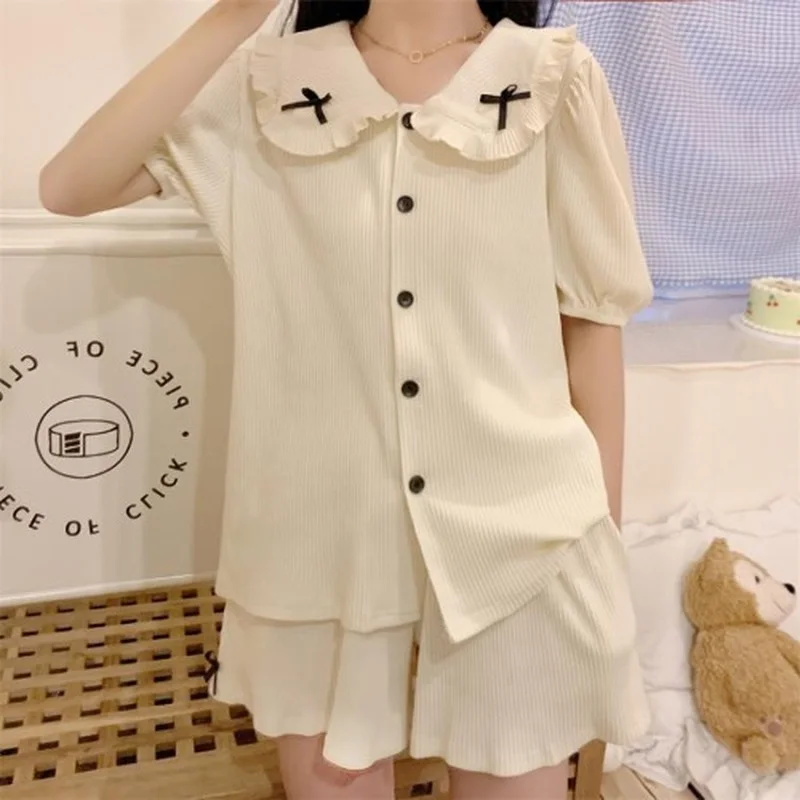 

Harajpee Sweet Pajama Ruffles 2 Piece Set Women 2021 Summer New Casual Peter Pan Collar Sleepwear Loose Breathable Clothing Sets