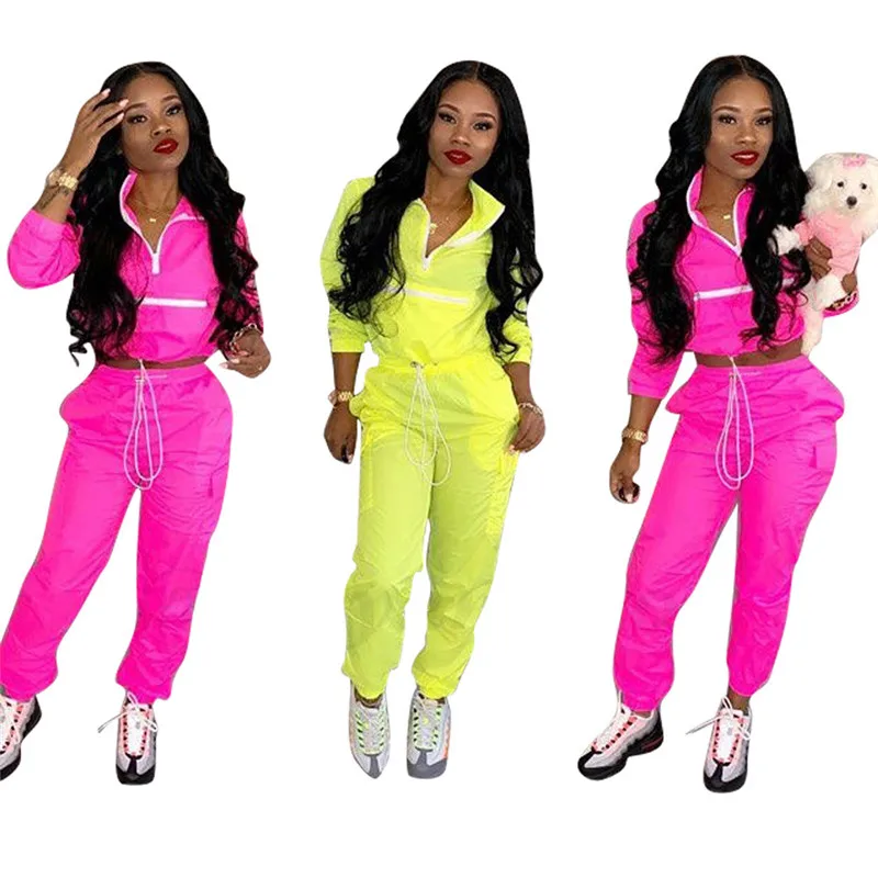 Conjunto deportivo de 2 uds. Para mujer, Tops informales con cremallera, manga larga, cuello vuelto, con cordones y bolsillos, chándal de pantalones largos