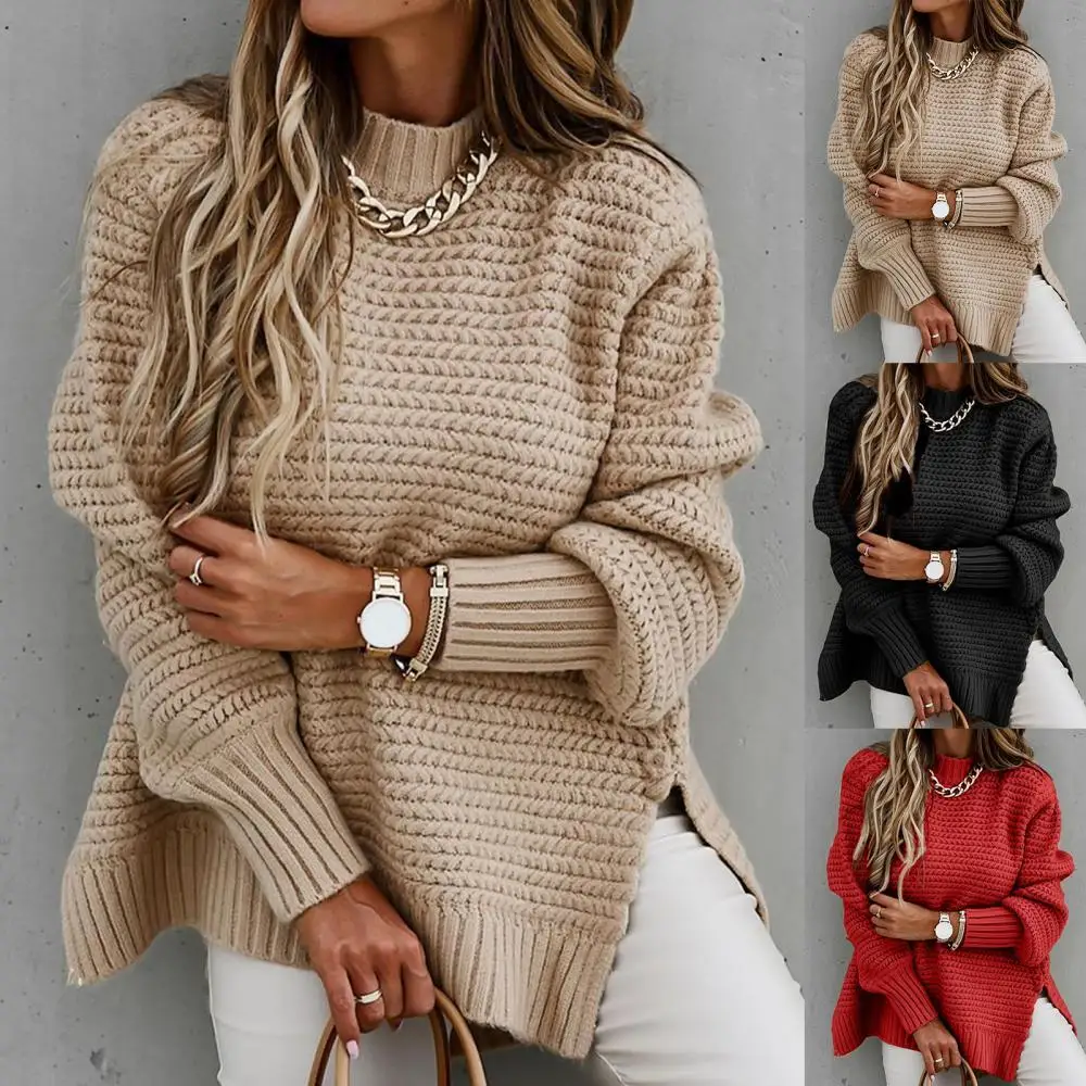 

Women Autumn Winter Mock Neck Side Split Hem Long Puff Sleeve Sweater Pullover
