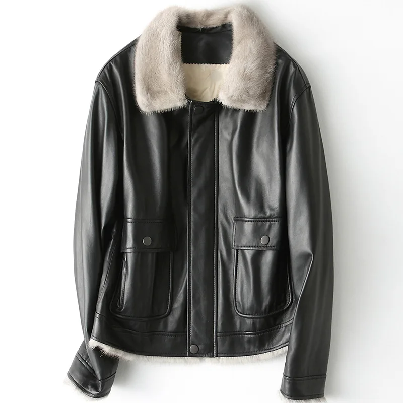 

Winter Casual Thick Mink Collar High Quality Sheepskin Jacket Real Leather Coats Women Warm Down Short Black Pockets Outwear