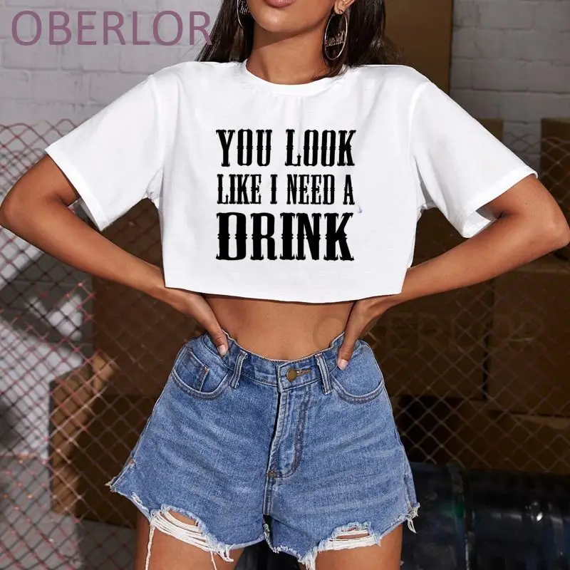 

Винтажная футболка с надписью You Look Like I Need A Drink, высокое качество, сексуальный укороченный топ с принтом, женская уличная одежда в стиле Хара...