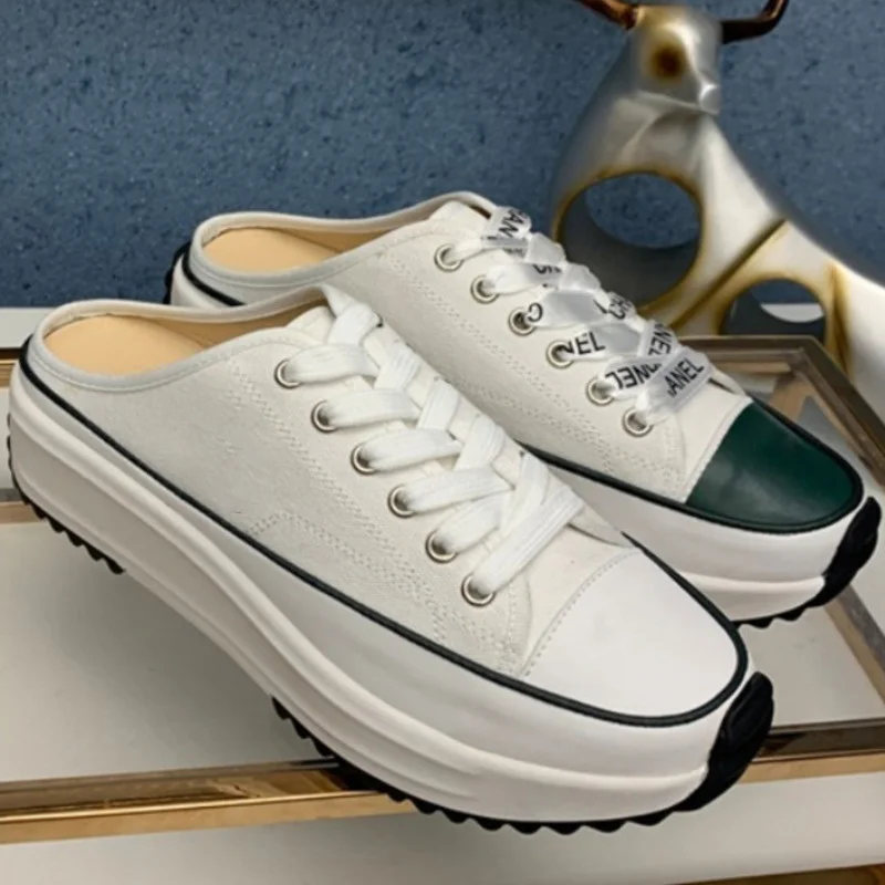 

Luxury Brand Women Fashion Sneaker High Quality Platform Canvas Lace-Up Half Slippers Woman Non-Slip Casual Outdoor Street Shoes