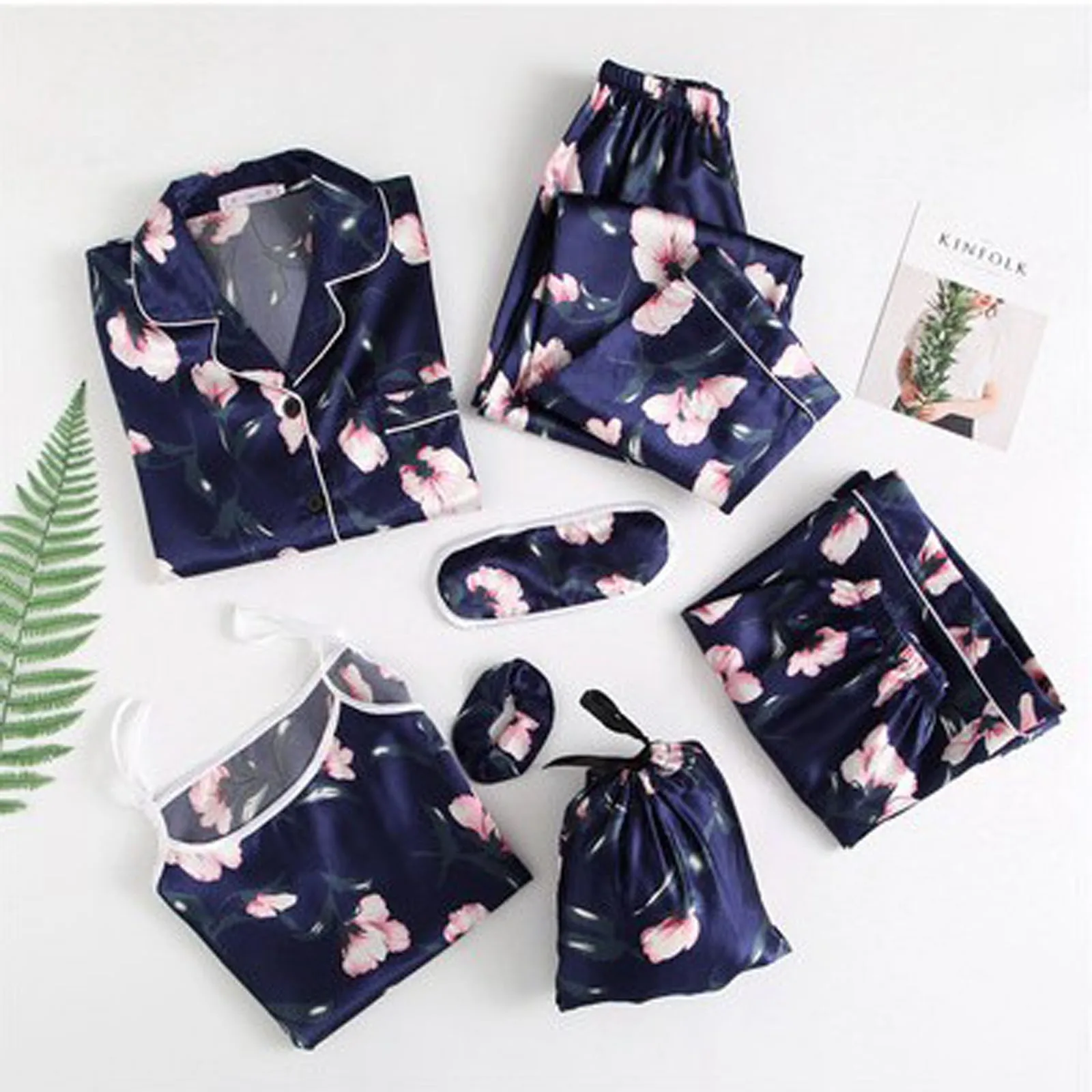 

7PCs Silk Women Lingerie Camisole Print Shorts Pant Pajamas Blindfold Sleepwear Pijams Set Home Cloths For Ladie All Day pyjama