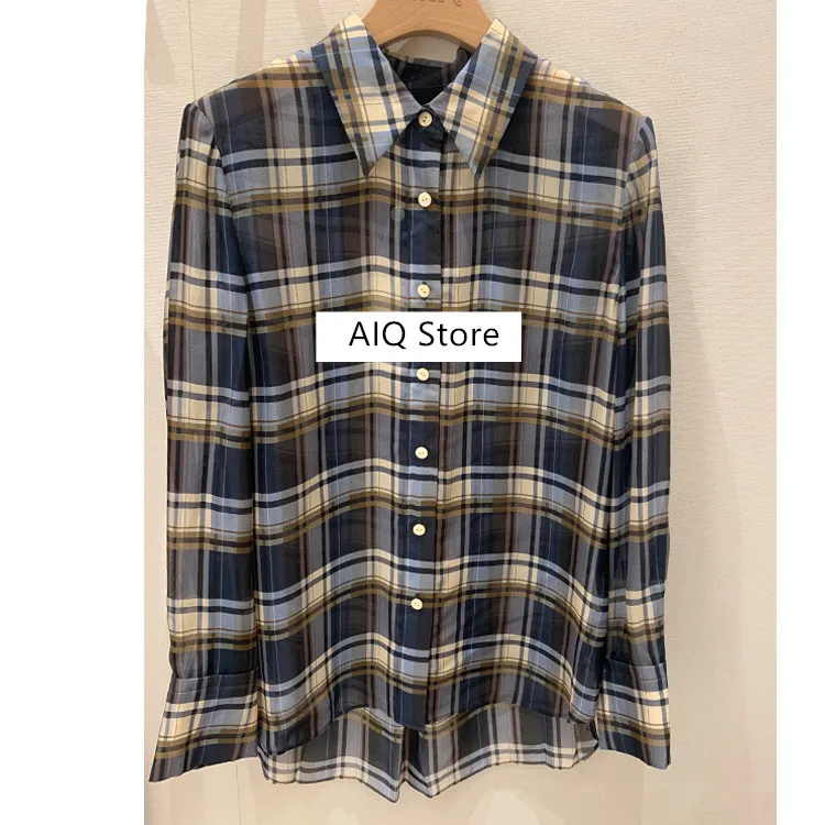 

Silk Women's Long Sleeve Shirt Plaid Turn-down Collar Single Breasted OL Top Female Blouse Spring Summer 2020 New