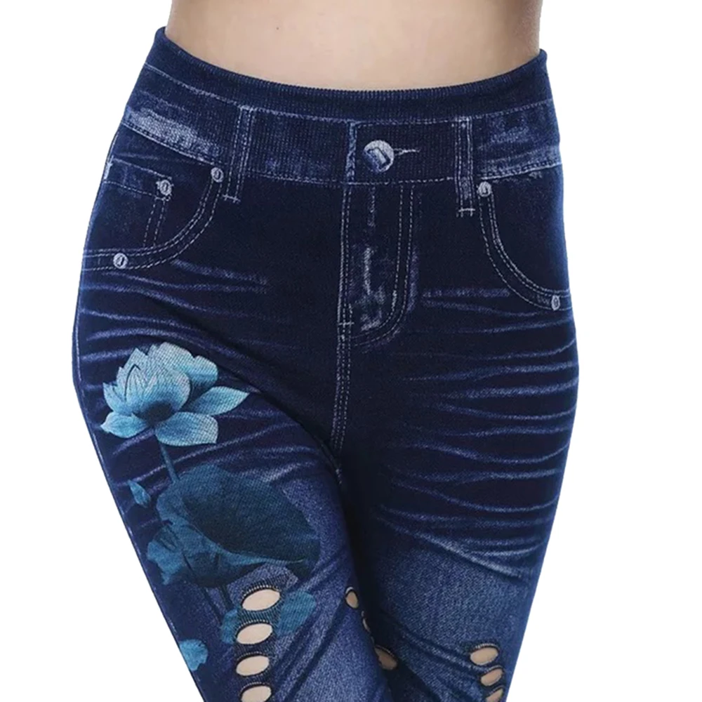 Женские синие джинсы с высокой талией в стиле ретро цветочным принтом узкие