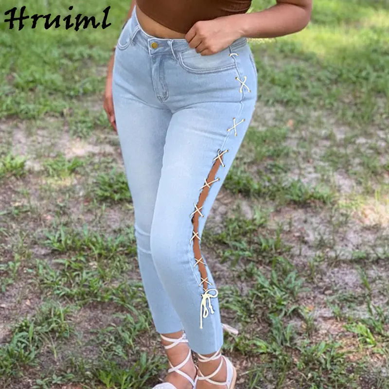 

New Wholesale Items Women's Pants High Waist Solid Color Criss-cross Lace-up Trousers Women Free Shipping To Us Streetwear Jeans