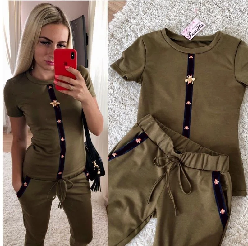 

New women short sleeve two piece set outfits suits print shirts tops+pants casual tracksuit sportwear Workout Matching Sets