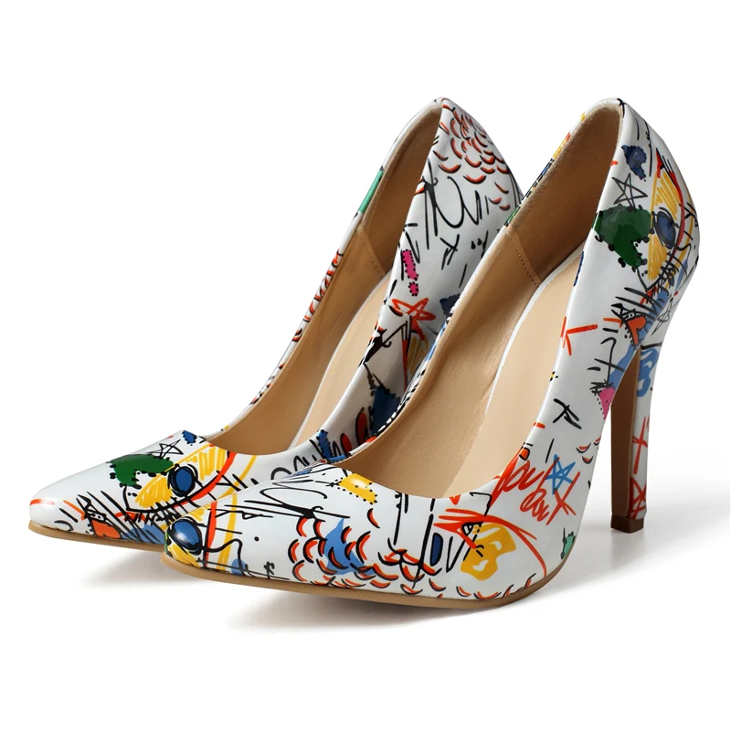 Женские туфли на высоком каблуке 2021 см синие цветные лодочки с граффити для