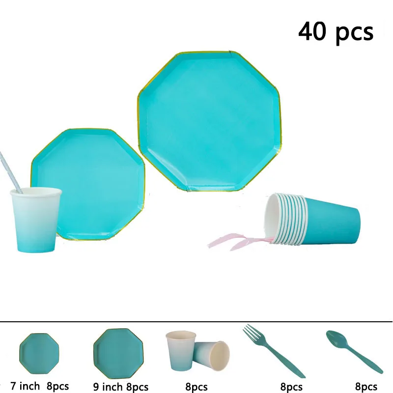 40PCS Одноразовые вечерние столовые приборы, свадебные украшения, украшения для дня рождения, детские 8 шт./1 упаковка, бумажные тарелки, бумажный стаканчик - Цвет: 40PCS