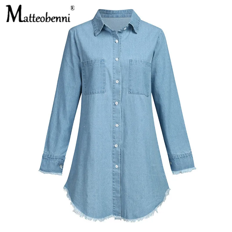 New 2021 Summer Fashion Women Tassels Denim Shirt Vintage Blue Pocket Jean Blouse Casual Loose Long Sleeve Ladies Streetwear Top cute blouses