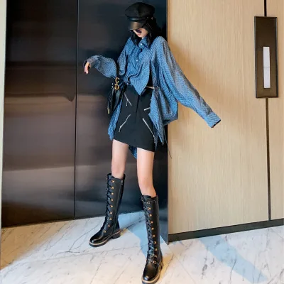 

Handsome Knee-High Martin Boots Winter Autumn Genuine Leather Round Toe Square Heel Knight Boots Side Zipper Motorcycle Boots