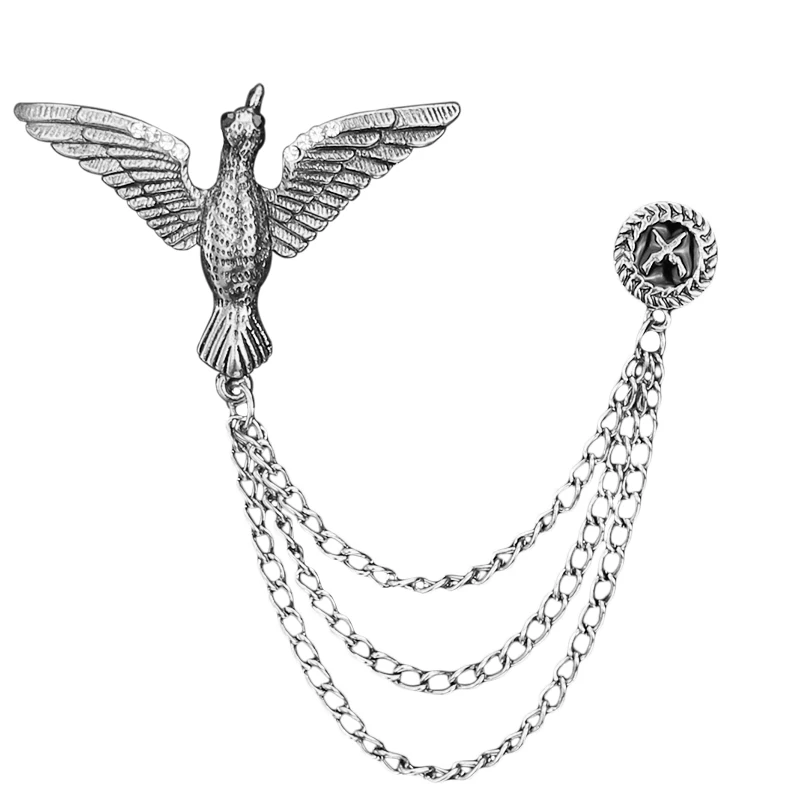 i-Remiel Retro Tassel Chain Bird Brooch for Men's Suit Seagull Eagle Angle Wing Pins and Brooches Shirt Collar Accessories