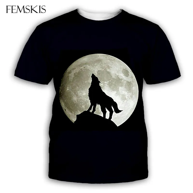 

FEMSKIS Fashion Men Women Summer Moon And Wolf 3D Printed Short Sleeve Black T-Shirt Cool Clothes Street Wear Top T Shirt Tees