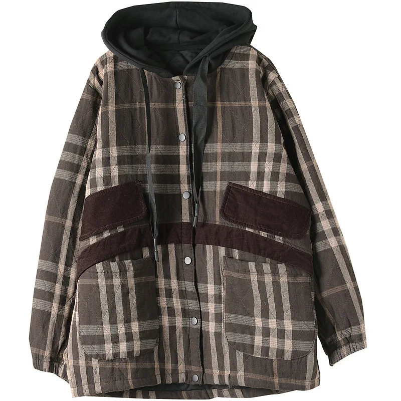 

Winter Fall Fashion Women Thicken Plaid Hooded Coat Female Japan Style Harajuku Vintage Casual Loose Short Version Cotton Jacket